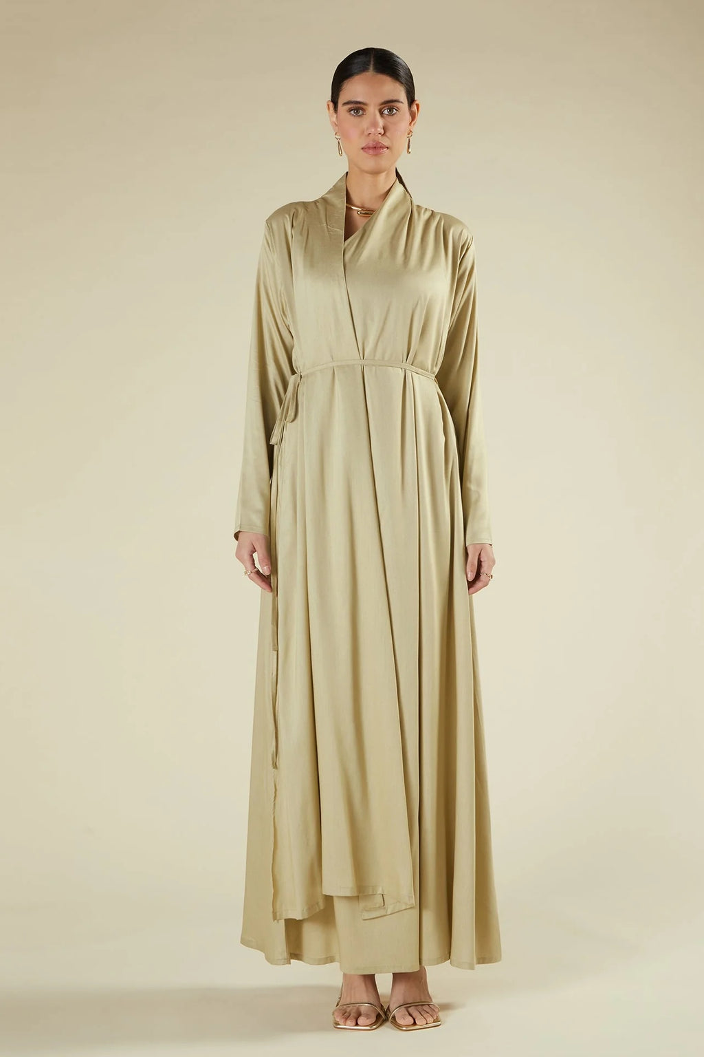 Amira Minimalist Wrapped Front Silk-Texture Flowing Abaya