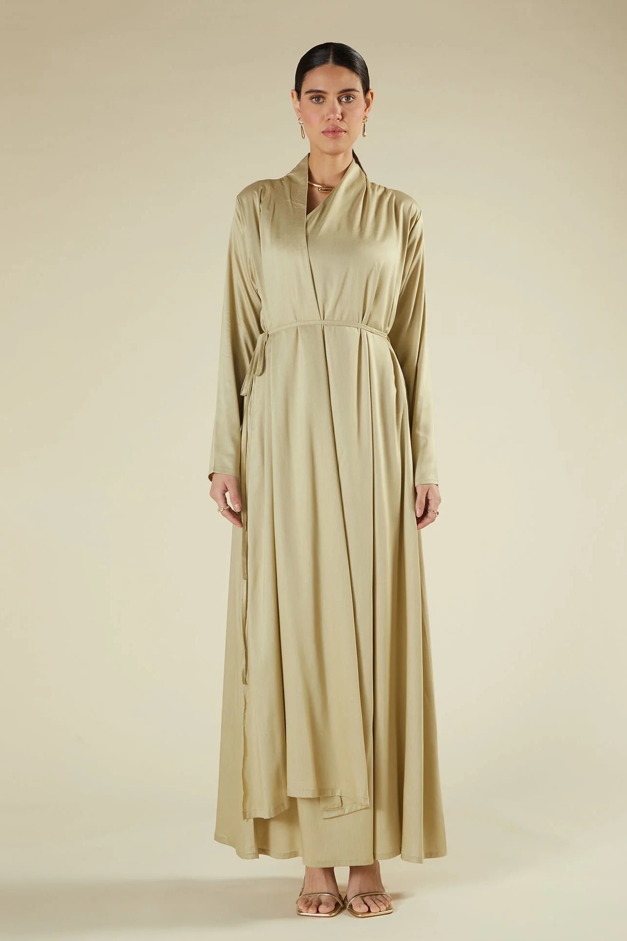Amira Minimalist Wrapped Front Silk-Texture Flowing Abaya