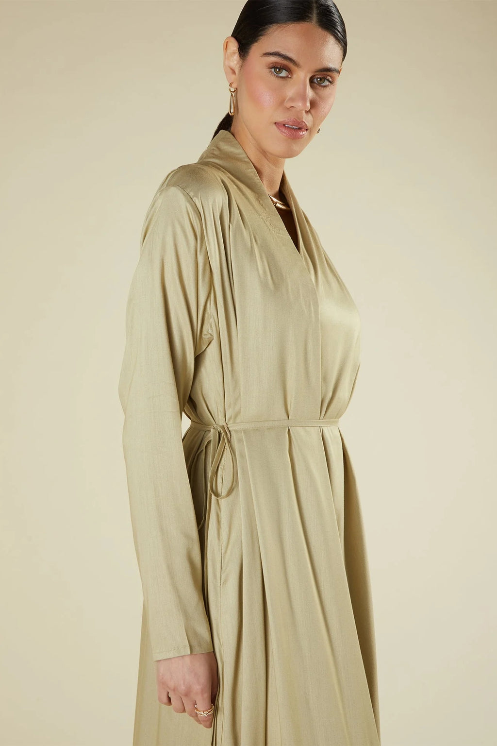 Amira Minimalist Wrapped Front Silk-Texture Flowing Abaya