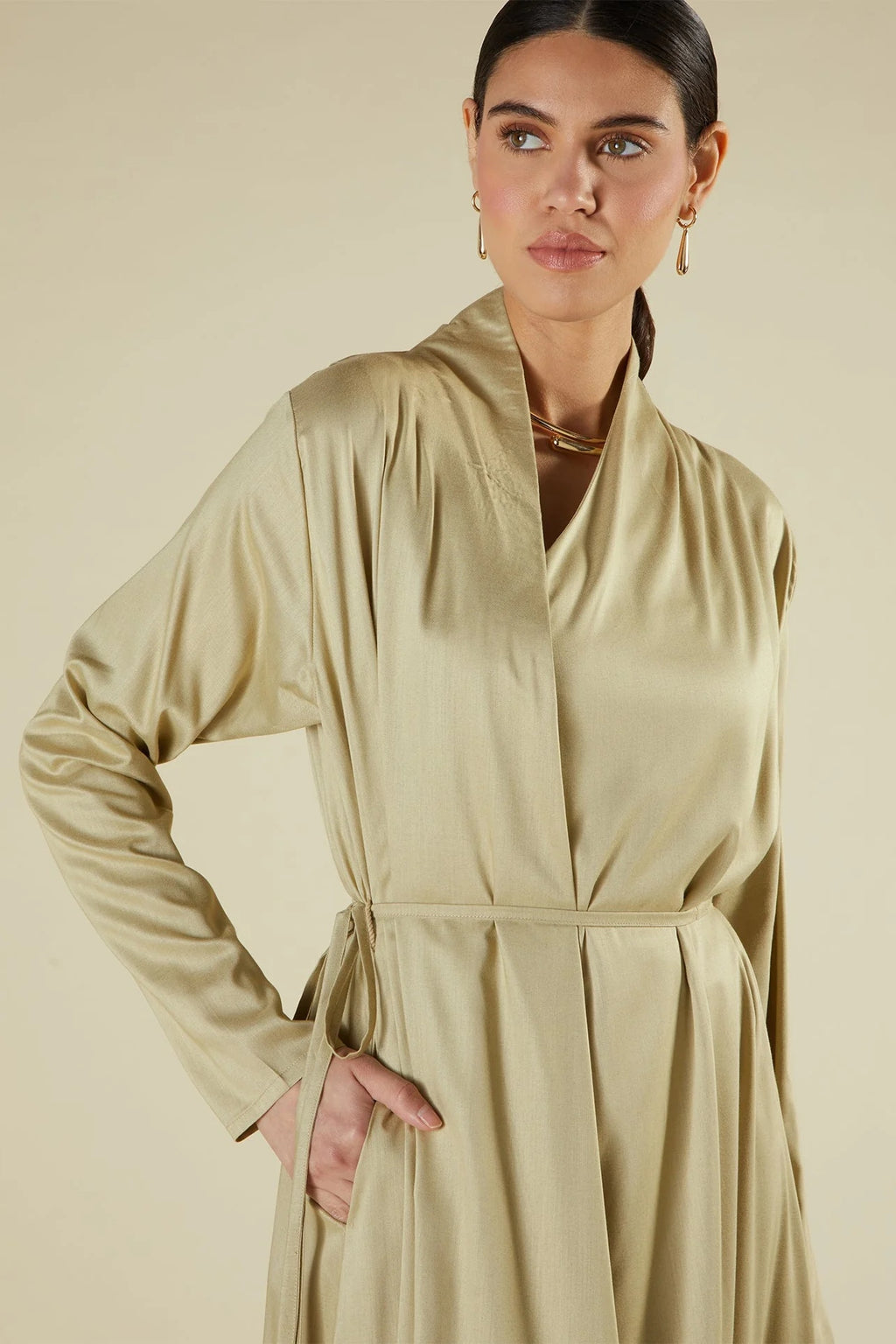 Amira Minimalist Wrapped Front Silk-Texture Flowing Abaya