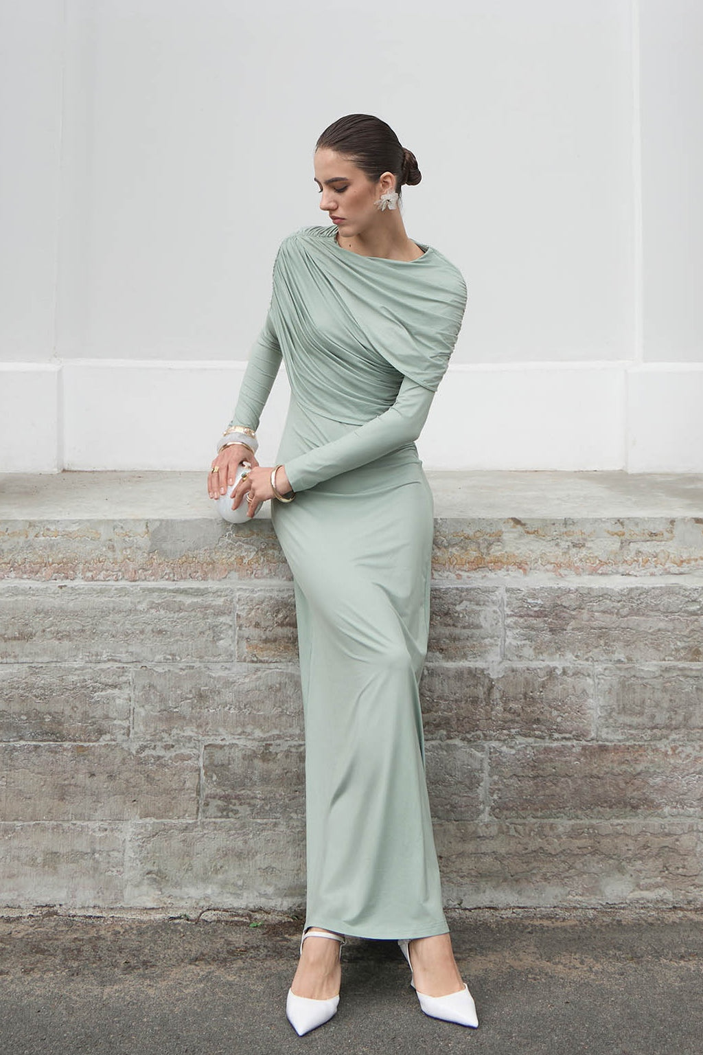Draped Long-Sleeve Maxi Dress-Green