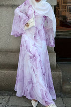 Yara Watercolor Ruffle Flare Maxi Dress-Purple