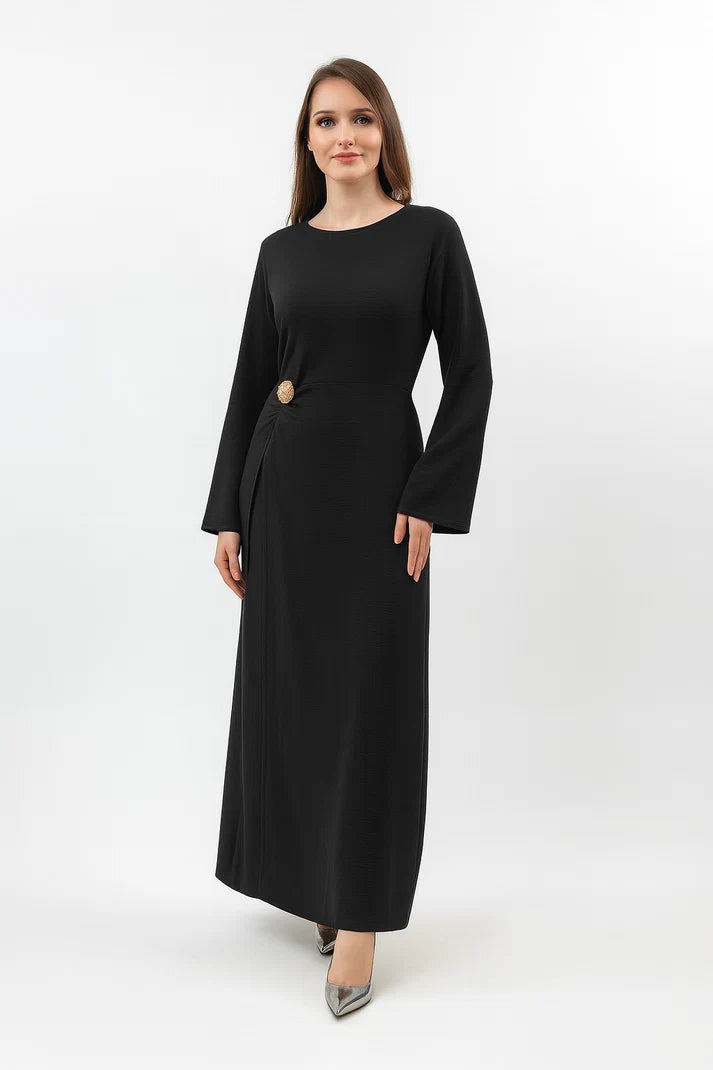 Sara Brooch Waist Tie Maxi Dress-Black