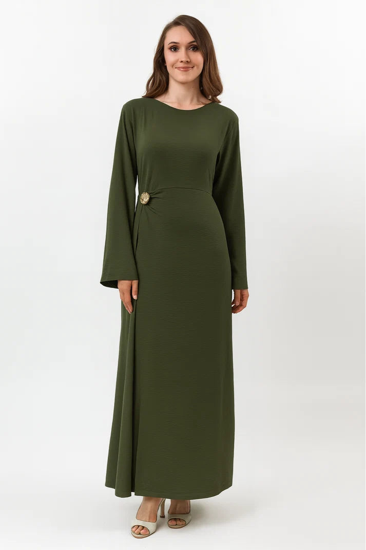 Sara Brooch Waist Tie Maxi Dress-DarkGreen