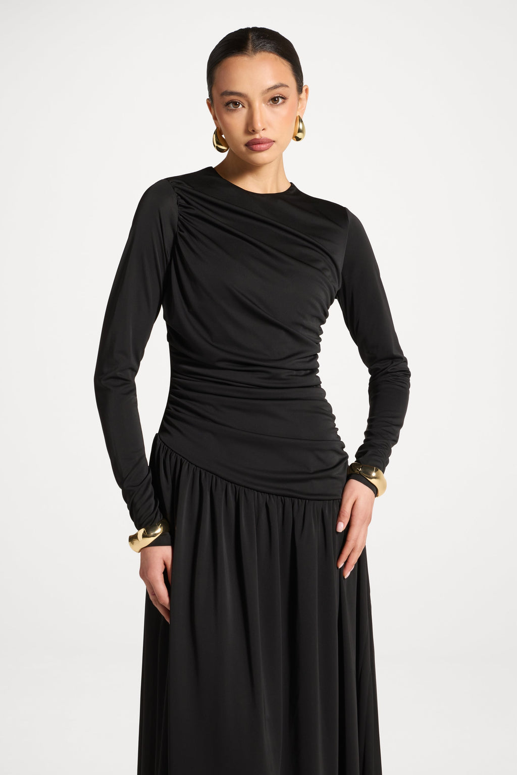Asymmetrical Waist Rouched Maxi Dress - Black