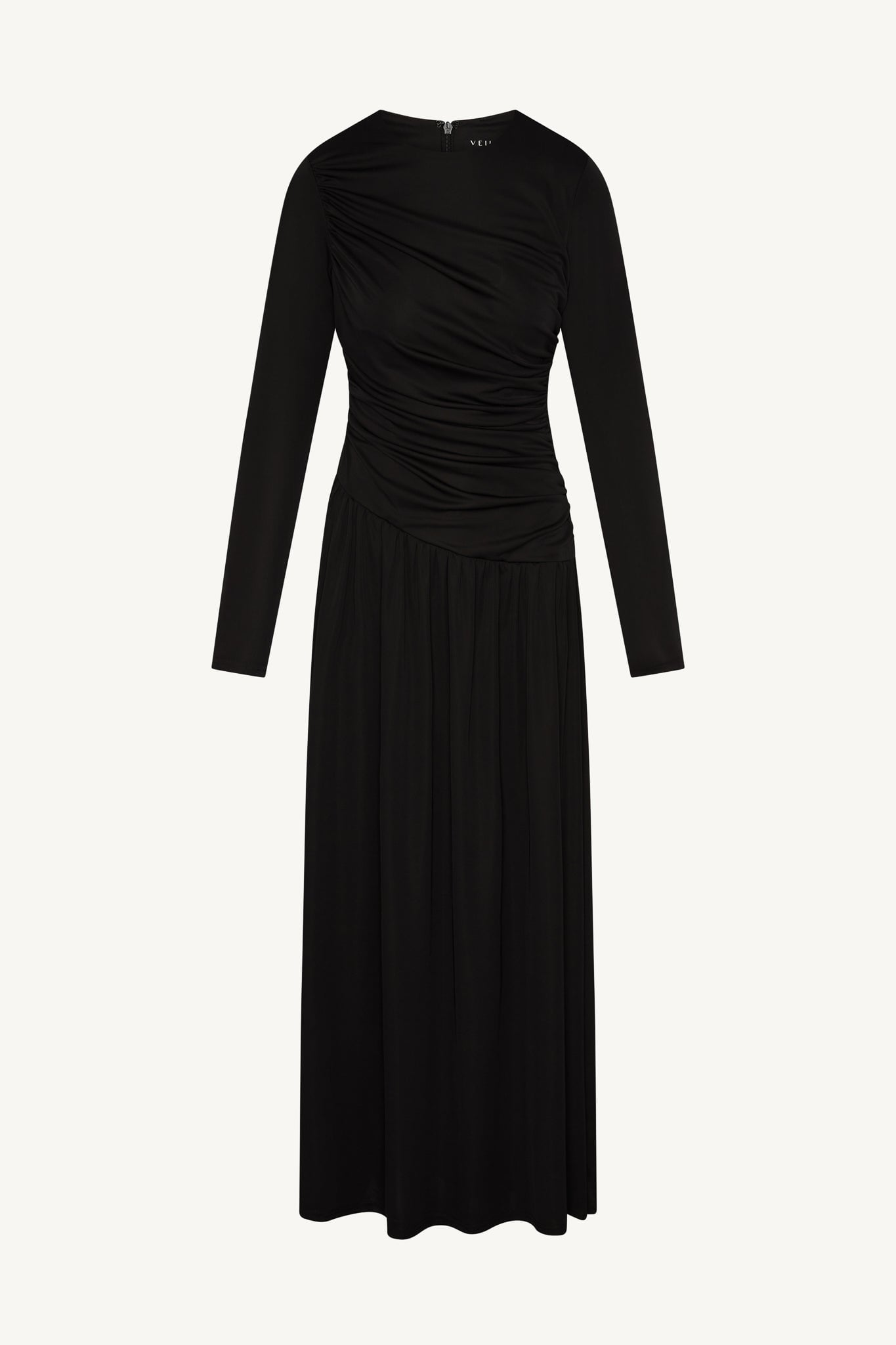 Asymmetrical Waist Rouched Maxi Dress - Black