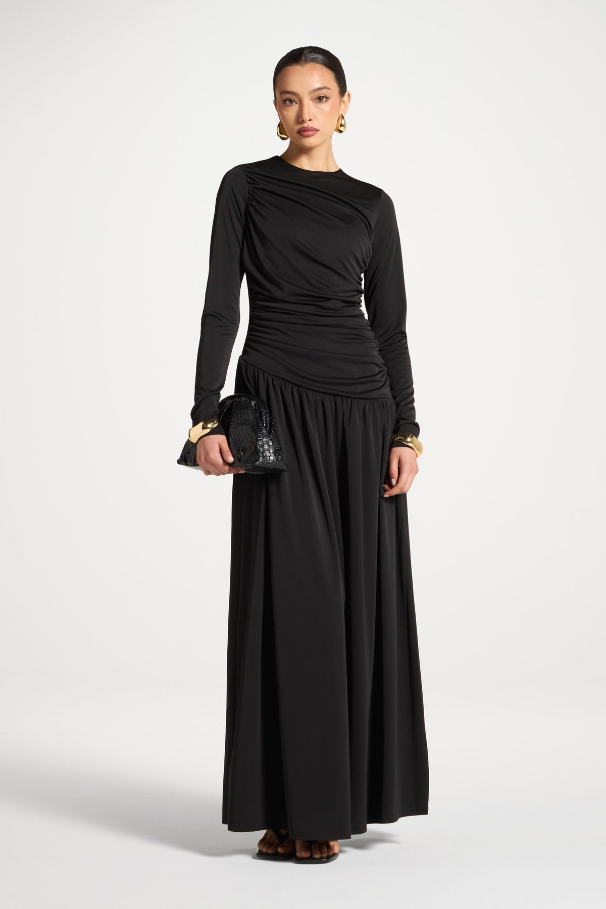 black asymmetrical maxi dress Waist Rouched - Non-Replen A Line V Neck Size:X-SMALL