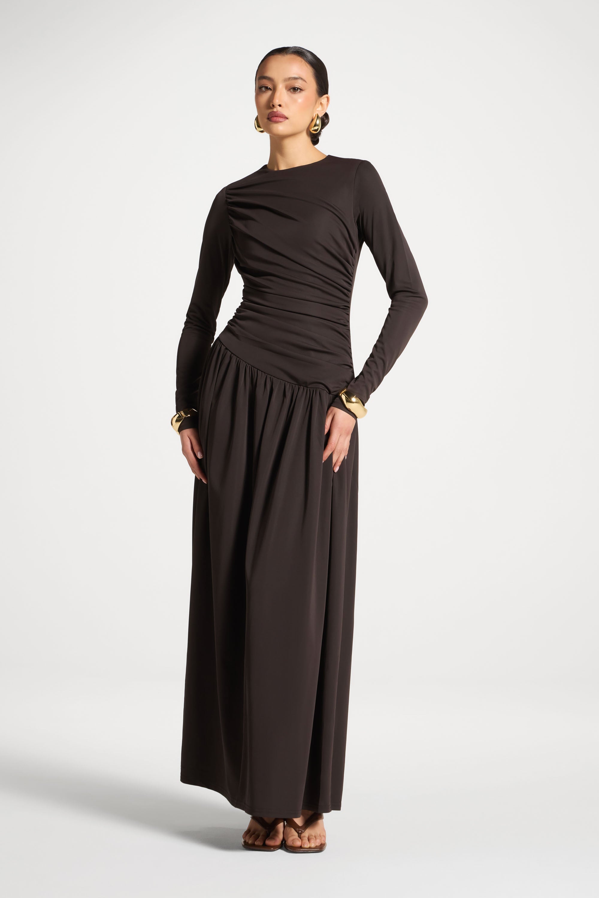 Asymmetrical Waist Rouched Maxi Dress - Chocolate