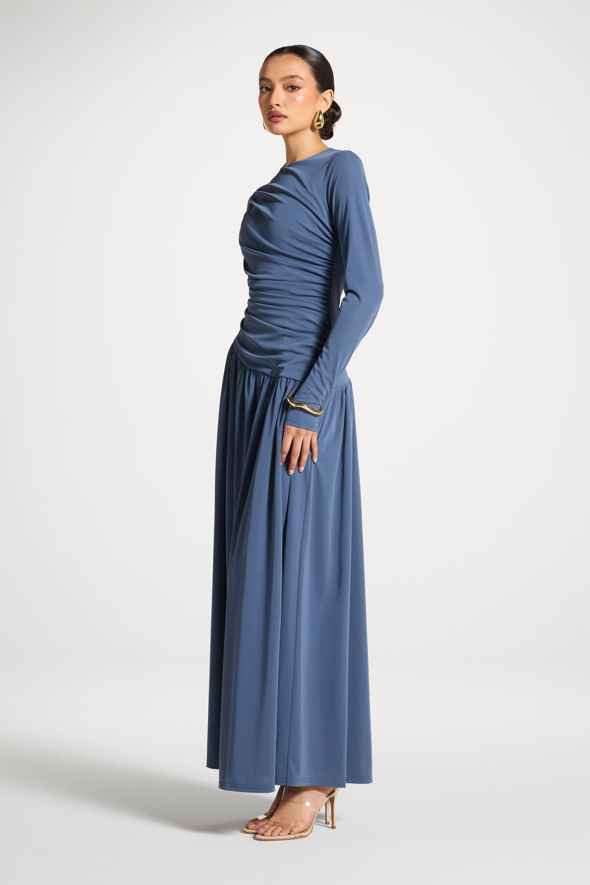 Asymmetrical Waist Rouched Maxi Dress - Indigo