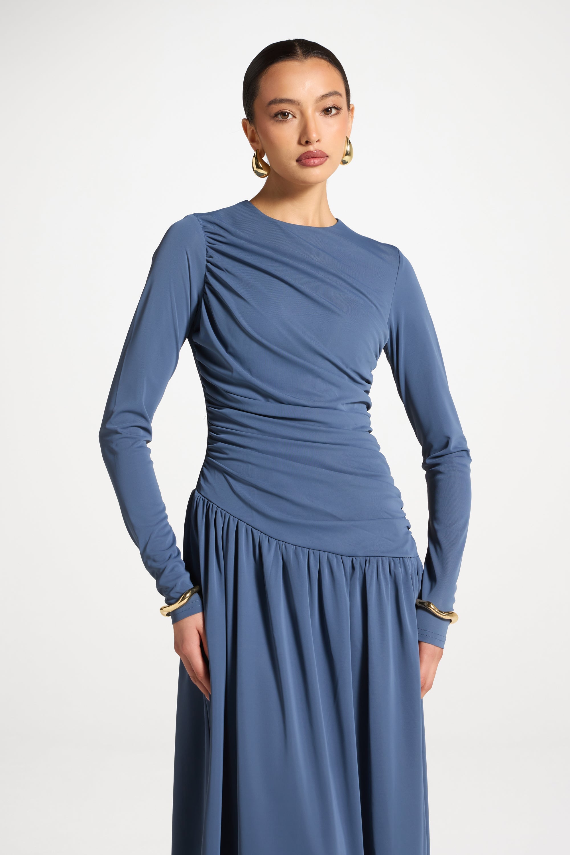 Asymmetrical Waist Rouched Maxi Dress - Indigo