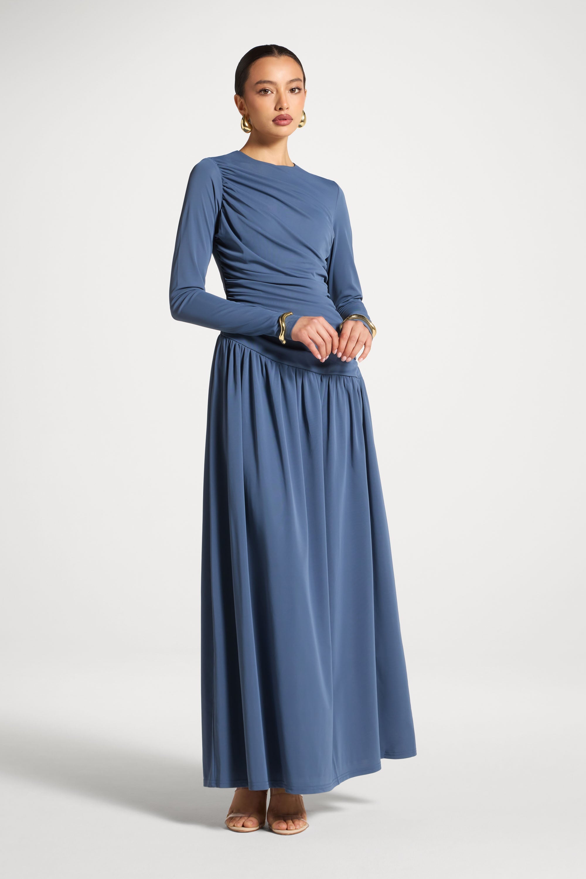 Asymmetrical Waist Rouched Maxi Dress - Indigo