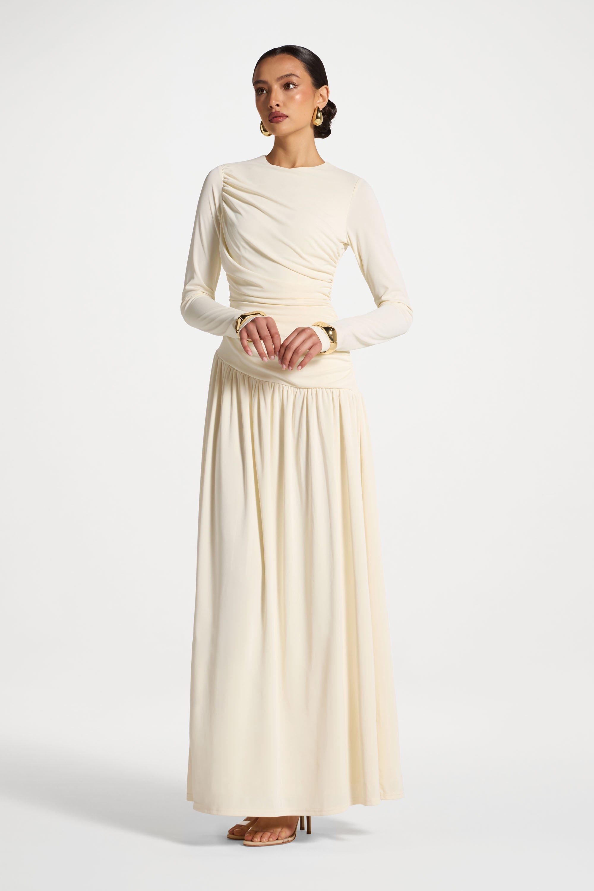 Asymmetrical Waist Rouched Maxi Dress - White
