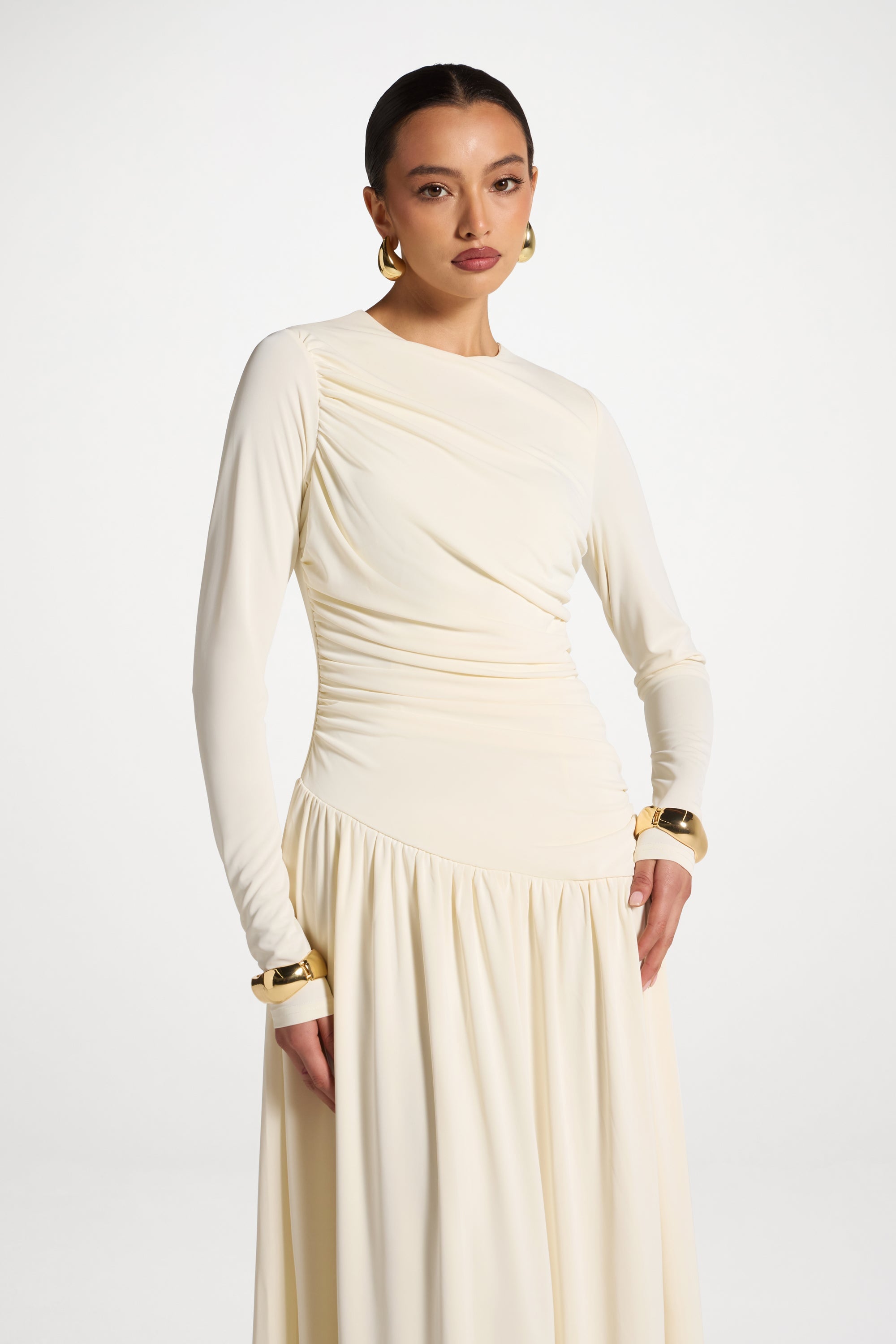 Asymmetrical Waist Rouched Maxi Dress - White