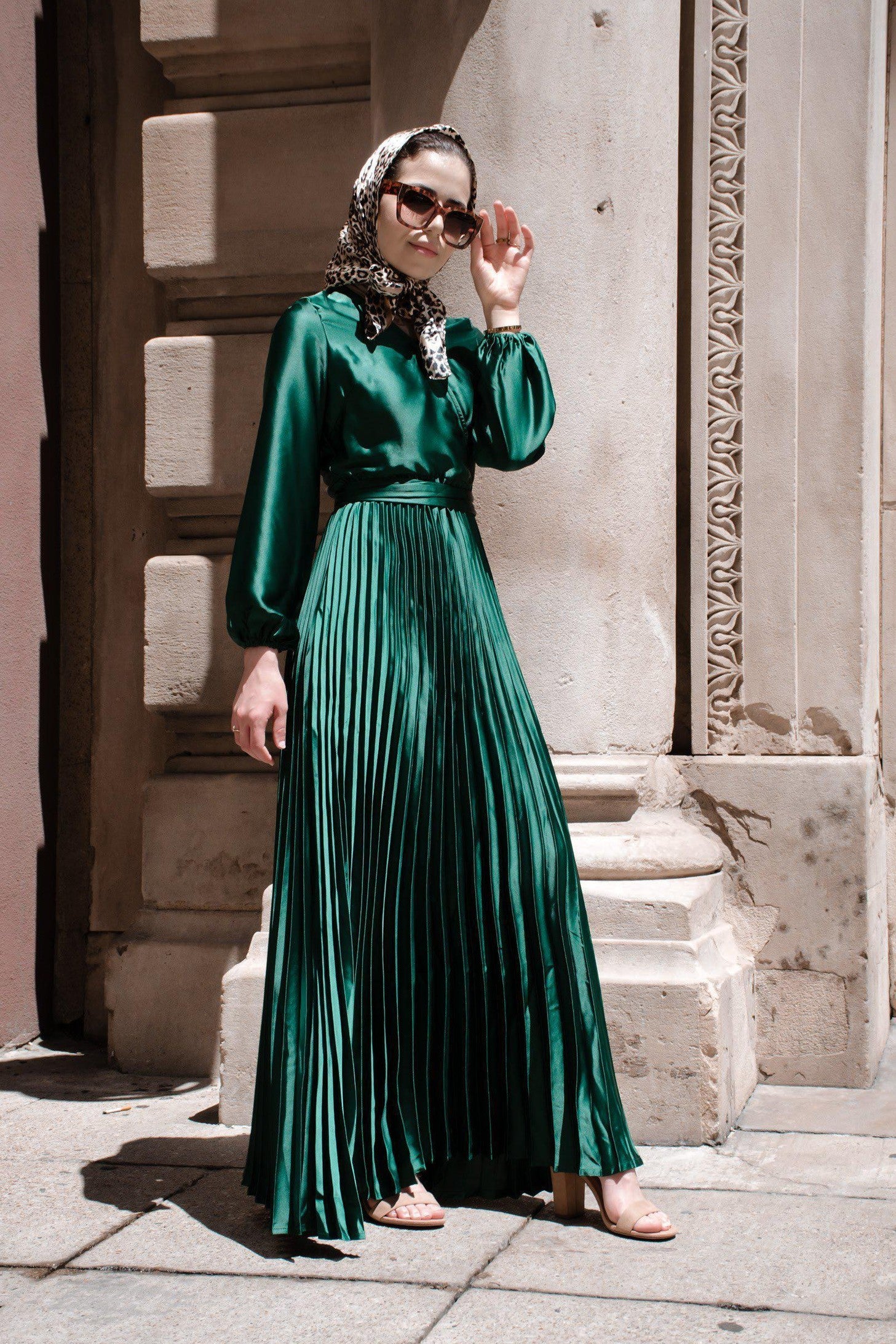 Noraya Pleated Satin Gown-Green