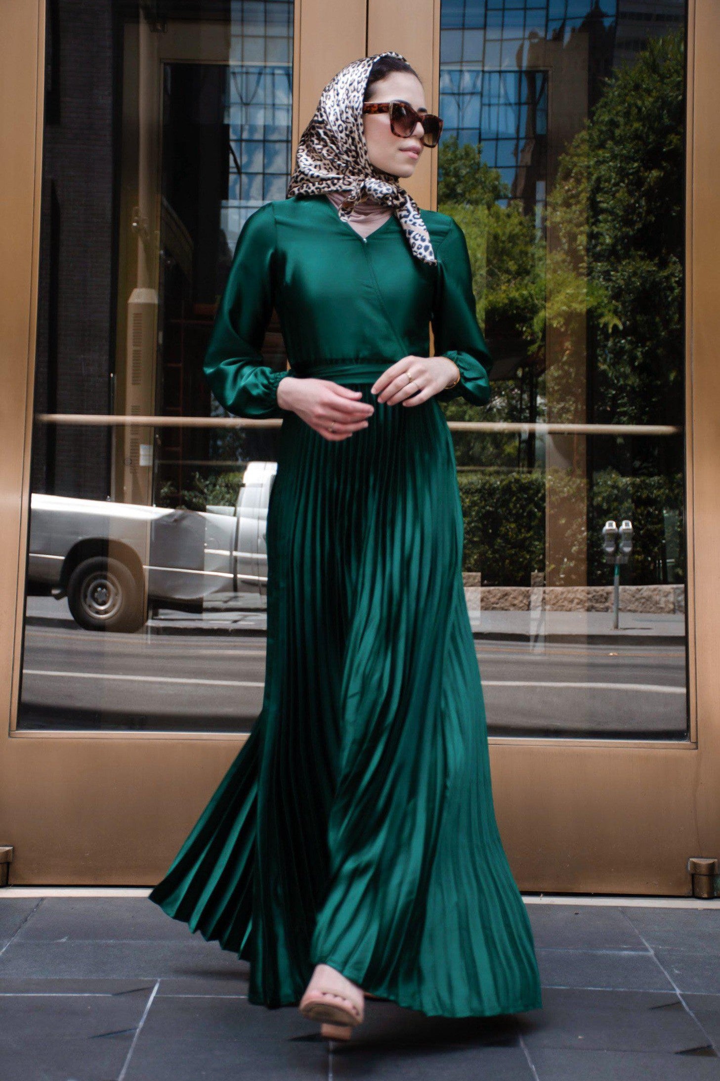 Noraya Pleated Satin Gown-Green
