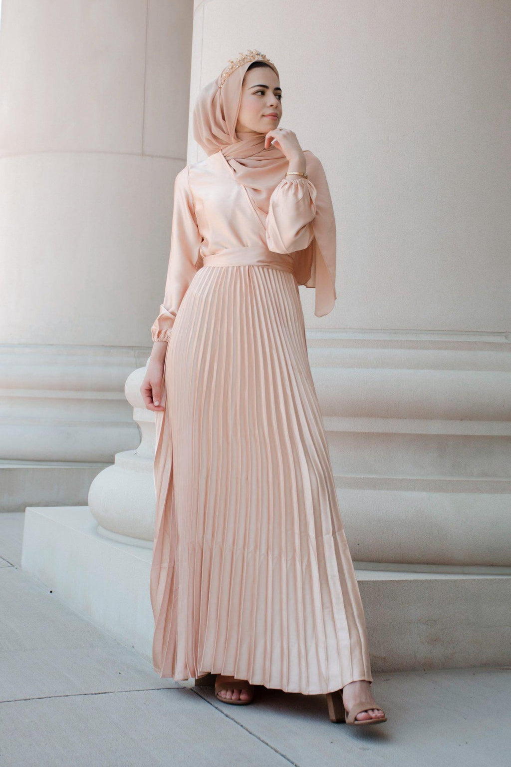 Noraya Pleated Satin Gown-Gold