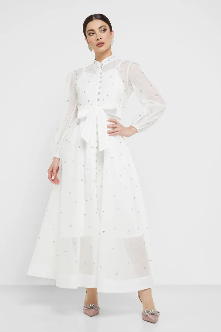 Rhinestone Sheer Tie Midi Dress-White