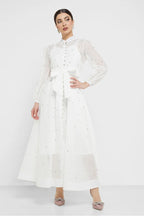 Rhinestone Sheer Tie Midi Dress-White