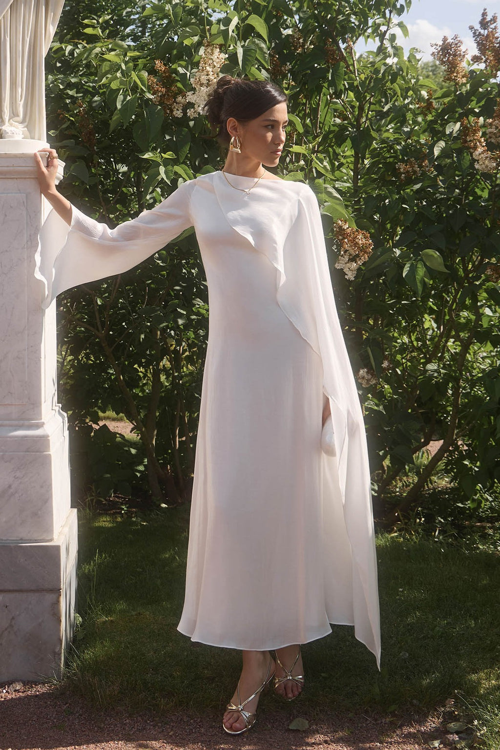 Elegant Cape-Sleeve Modest Maxi Dress-White