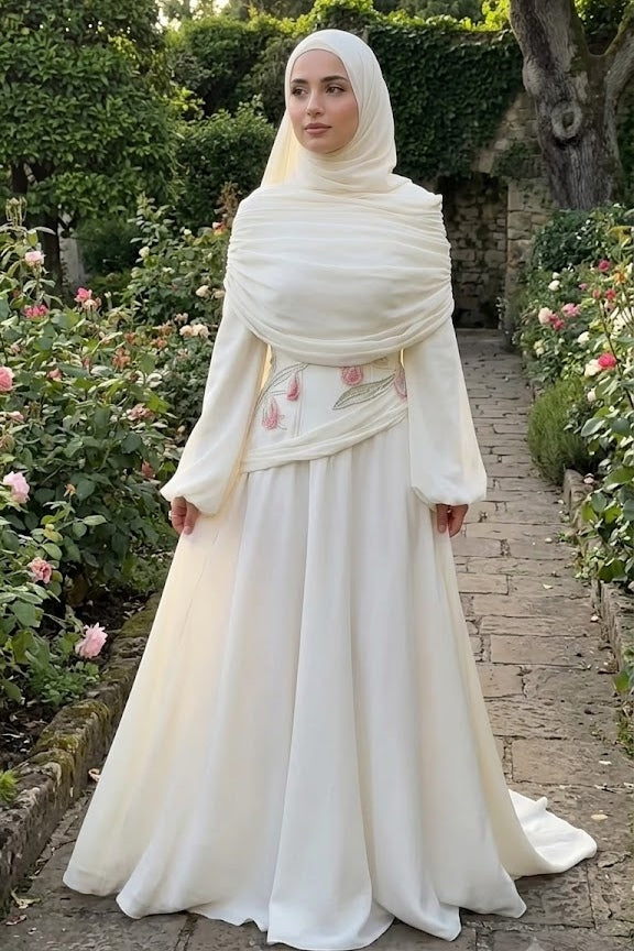 Aria Tulip Embroidered Ruched Shawl Maxi Dress-White