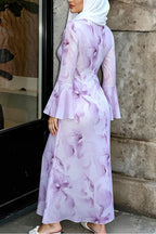 Yara Watercolor Ruffle Flare Maxi Dress-Purple