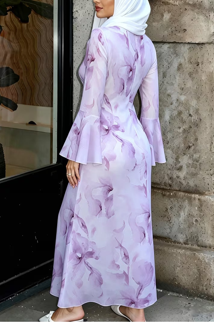Yara Watercolor Ruffle Flare Maxi Dress-Purple