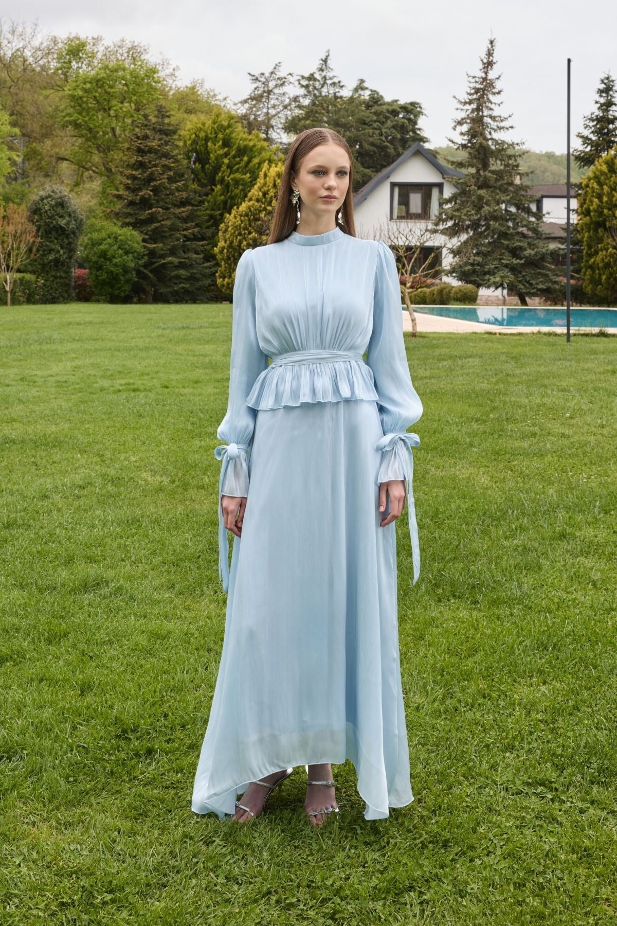 Maya Ruched Peplum Tie Cuff Set-Blue
