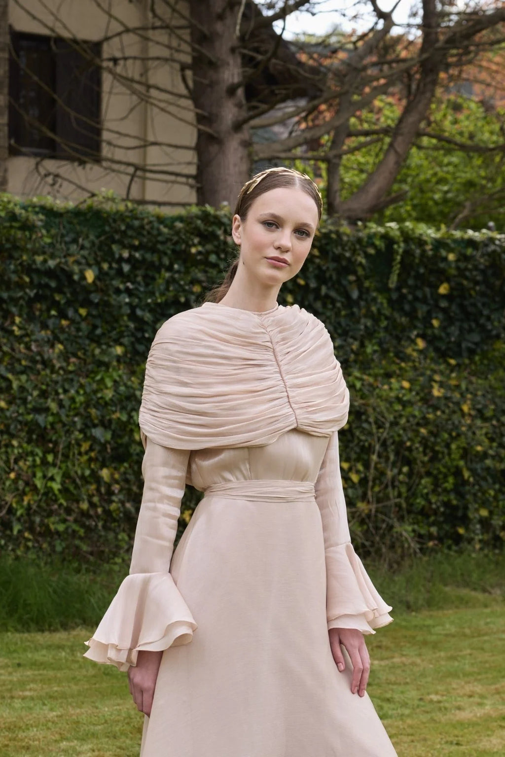 Zara Ruched Capelet Ruffle Maxi