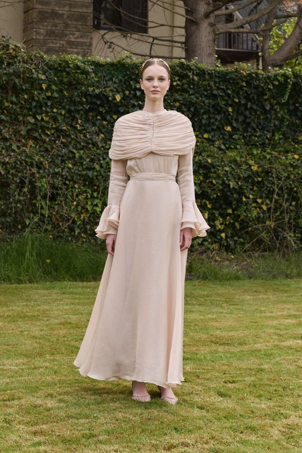 Zara Ruched Capelet Ruffle Maxi