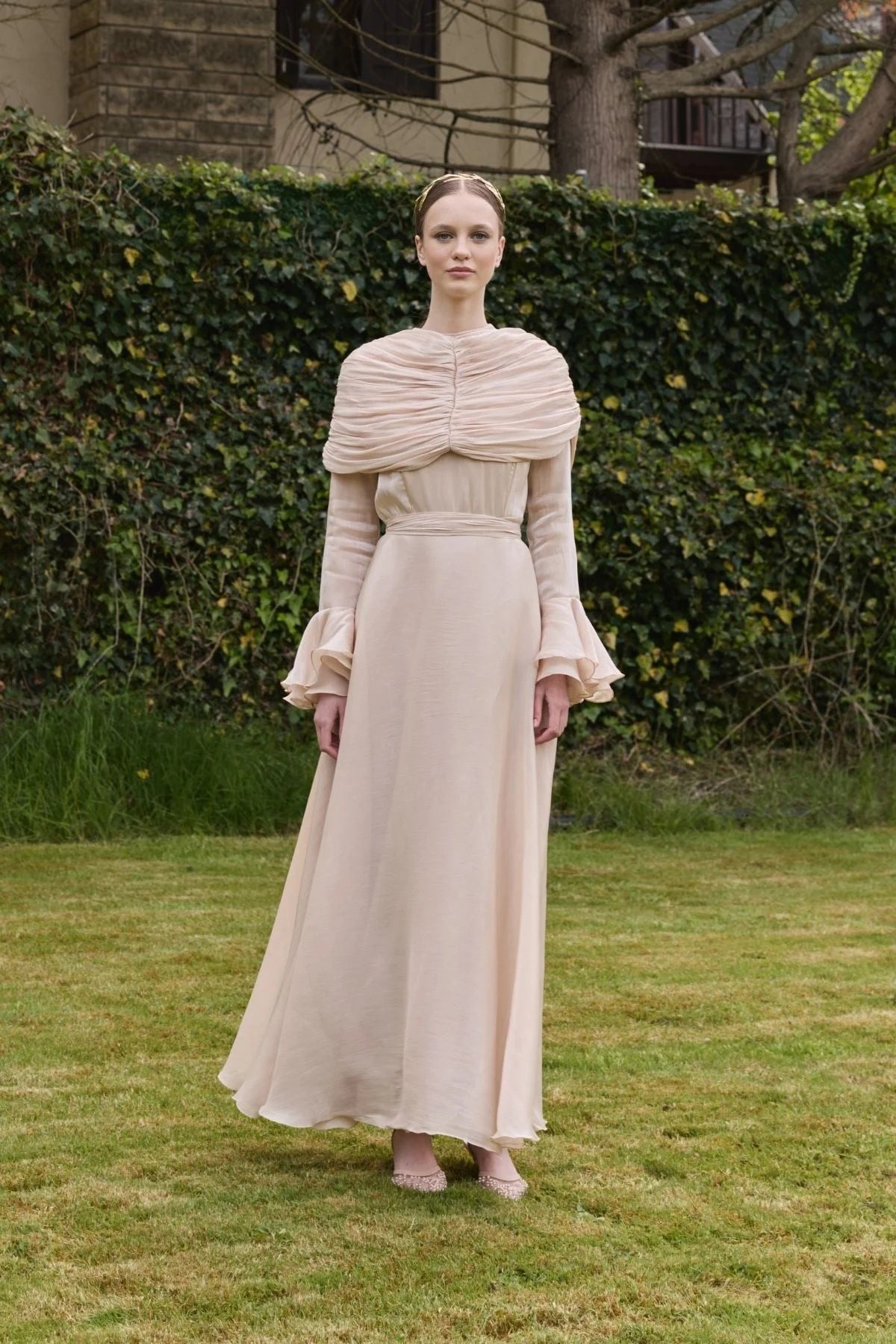Zara Ruched Capelet Ruffle Maxi