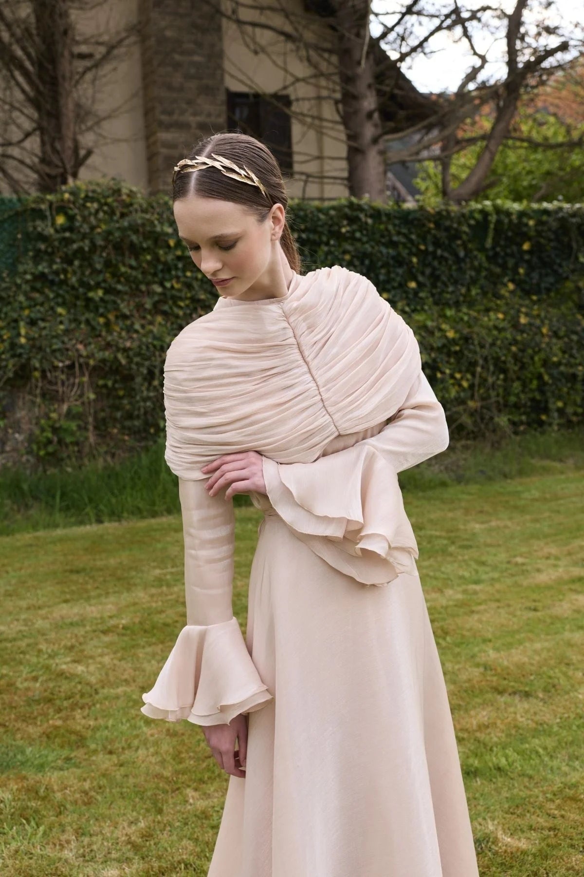 Zara Ruched Capelet Ruffle Maxi