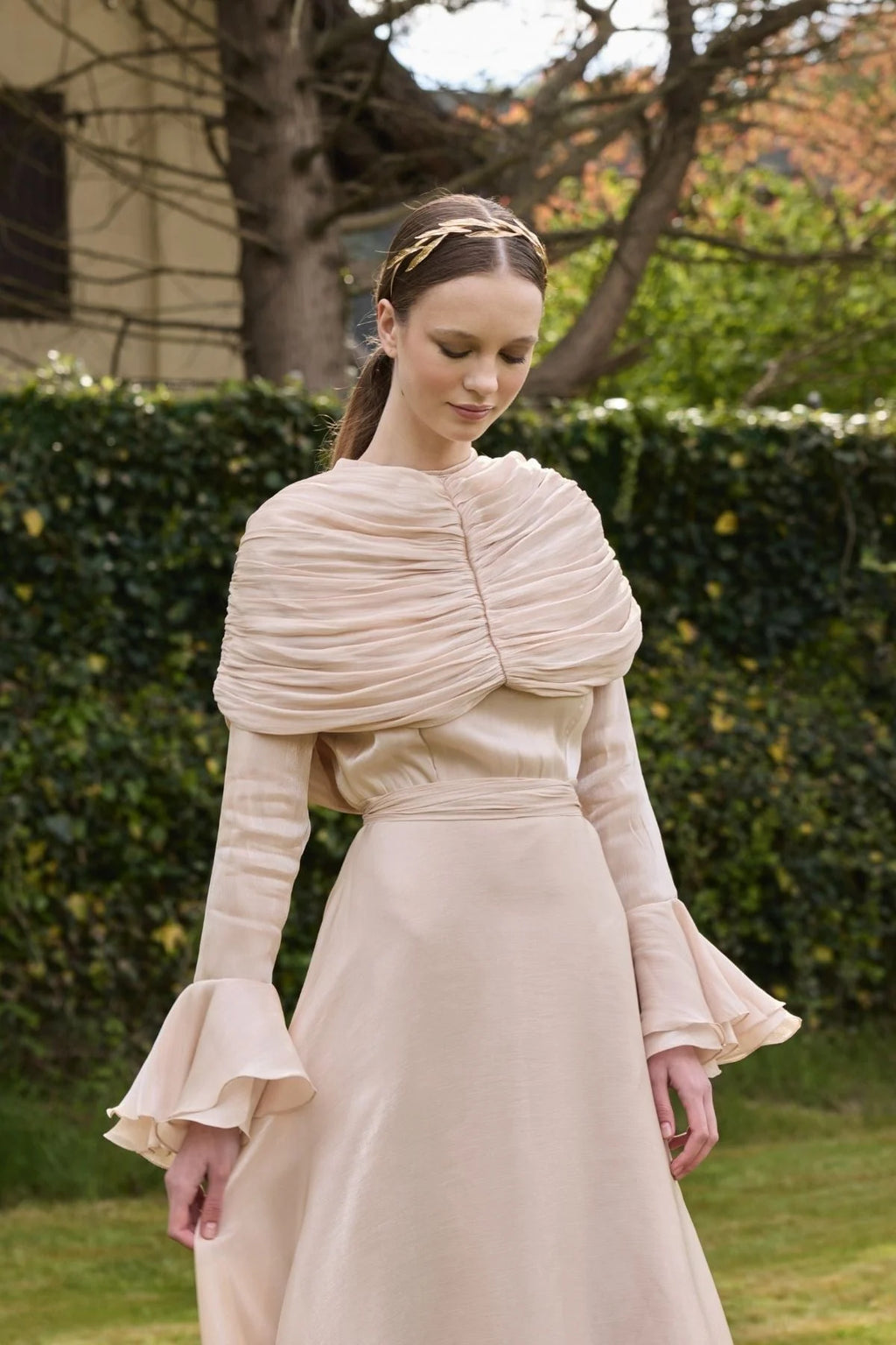 Zara Ruched Capelet Ruffle Maxi
