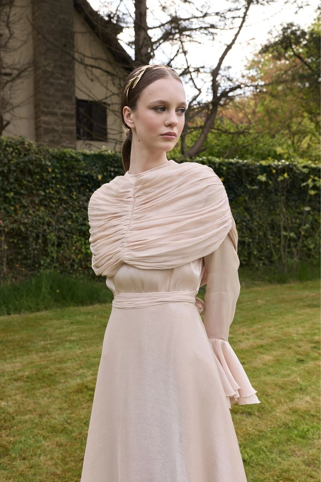 Zara Ruched Capelet Ruffle Maxi