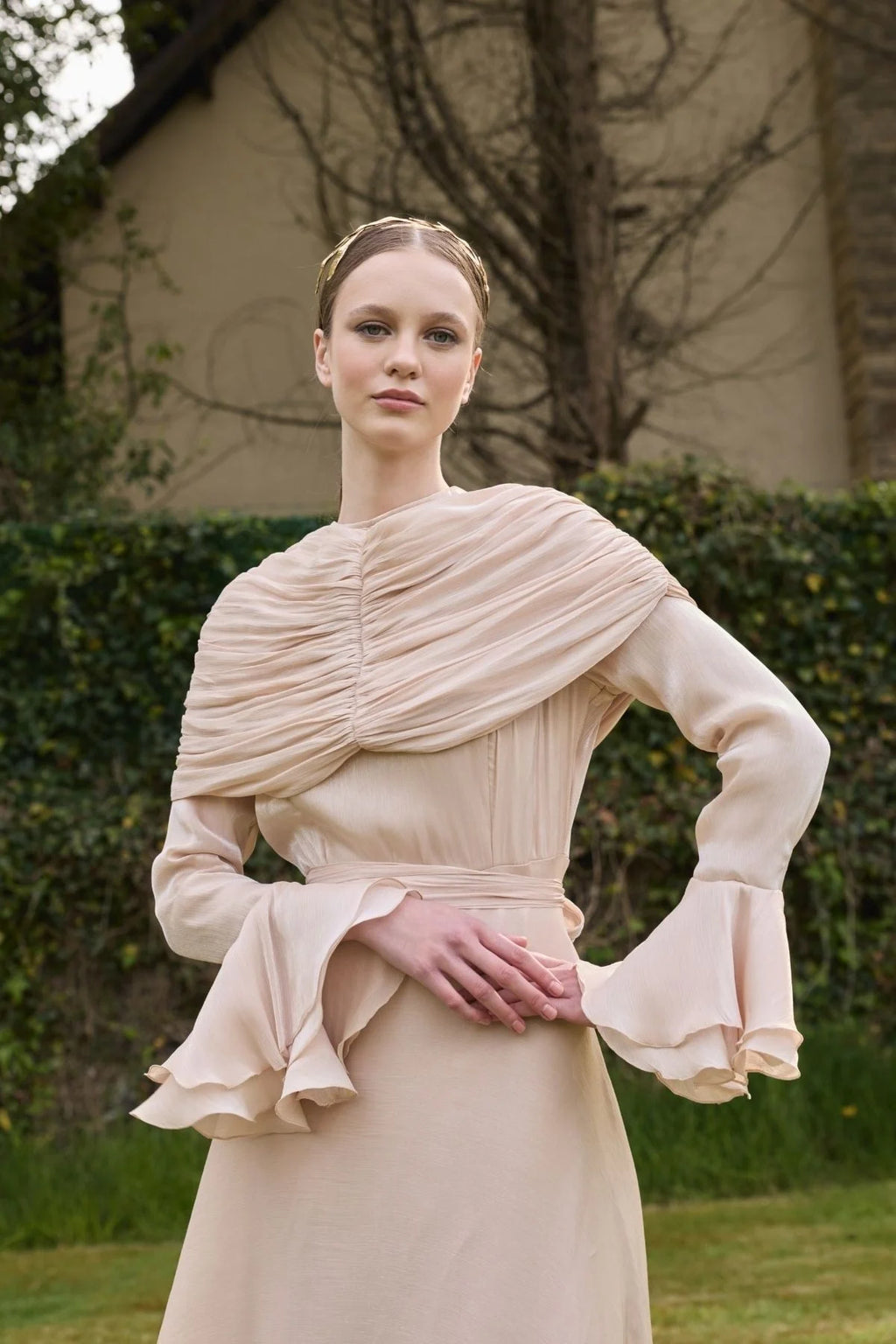 Zara Ruched Capelet Ruffle Maxi