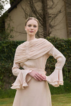 Zara Ruched Capelet Ruffle Maxi