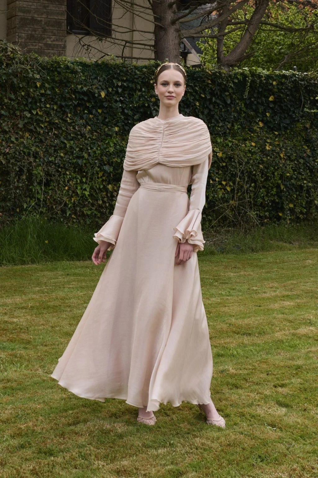 Zara Ruched Capelet Ruffle Maxi