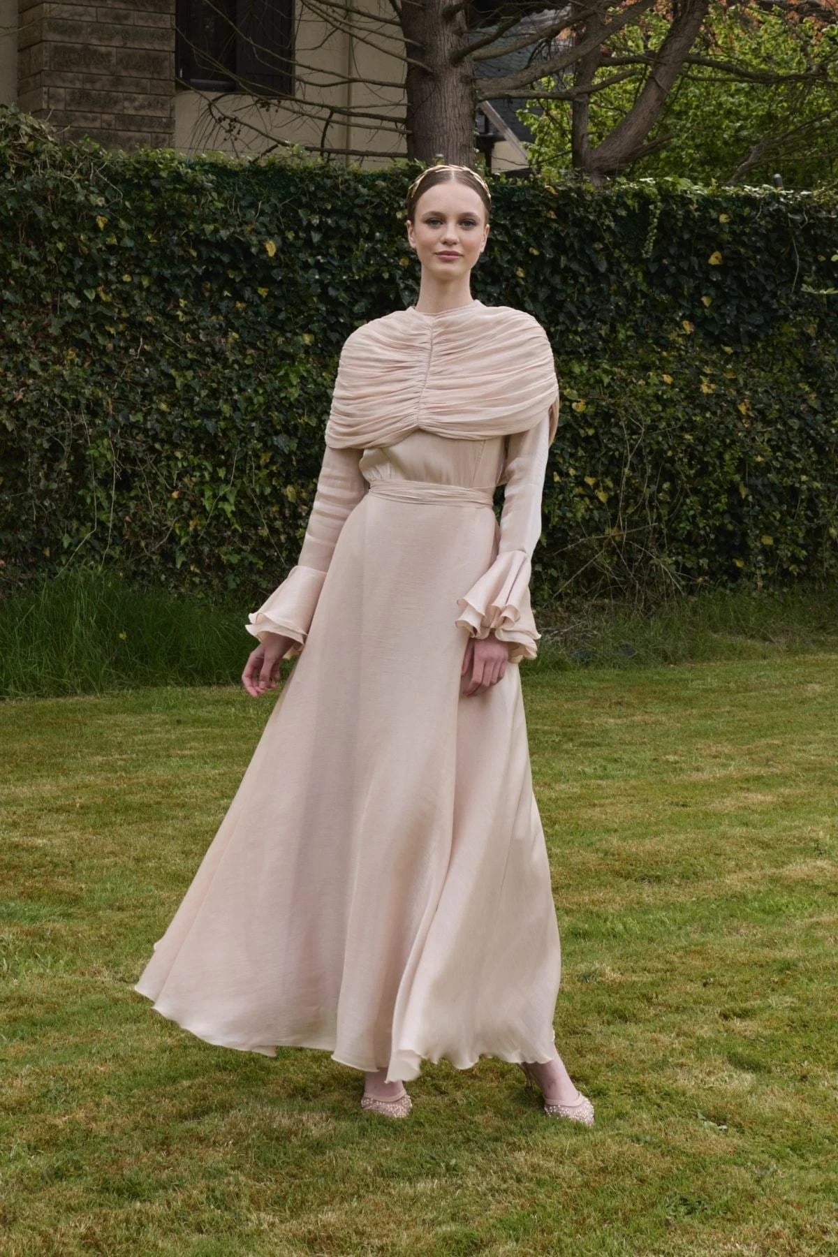 Zara Ruched Capelet Ruffle Maxi