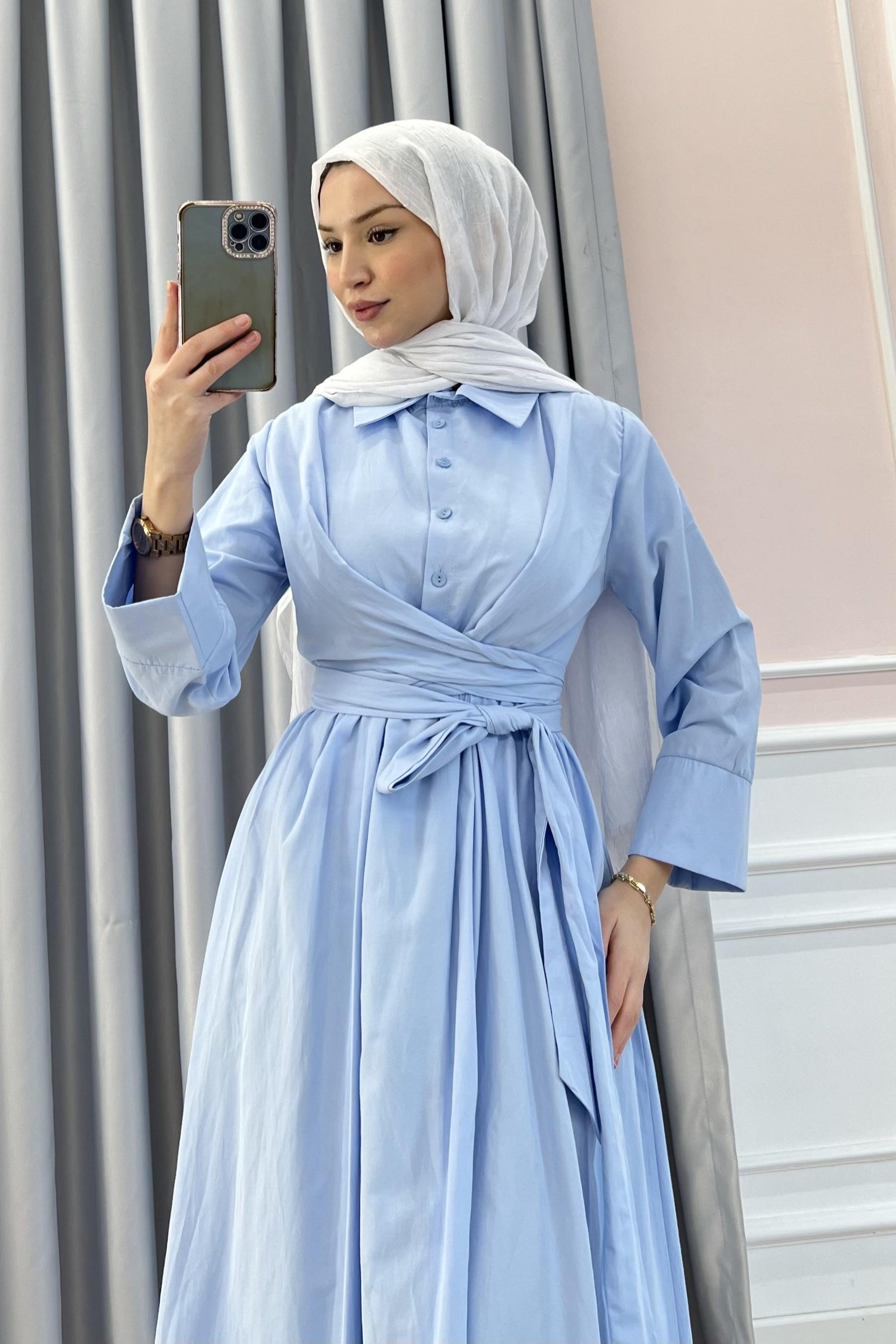 Wrap-Waist Shirt Maxi Dress-DarkBlue