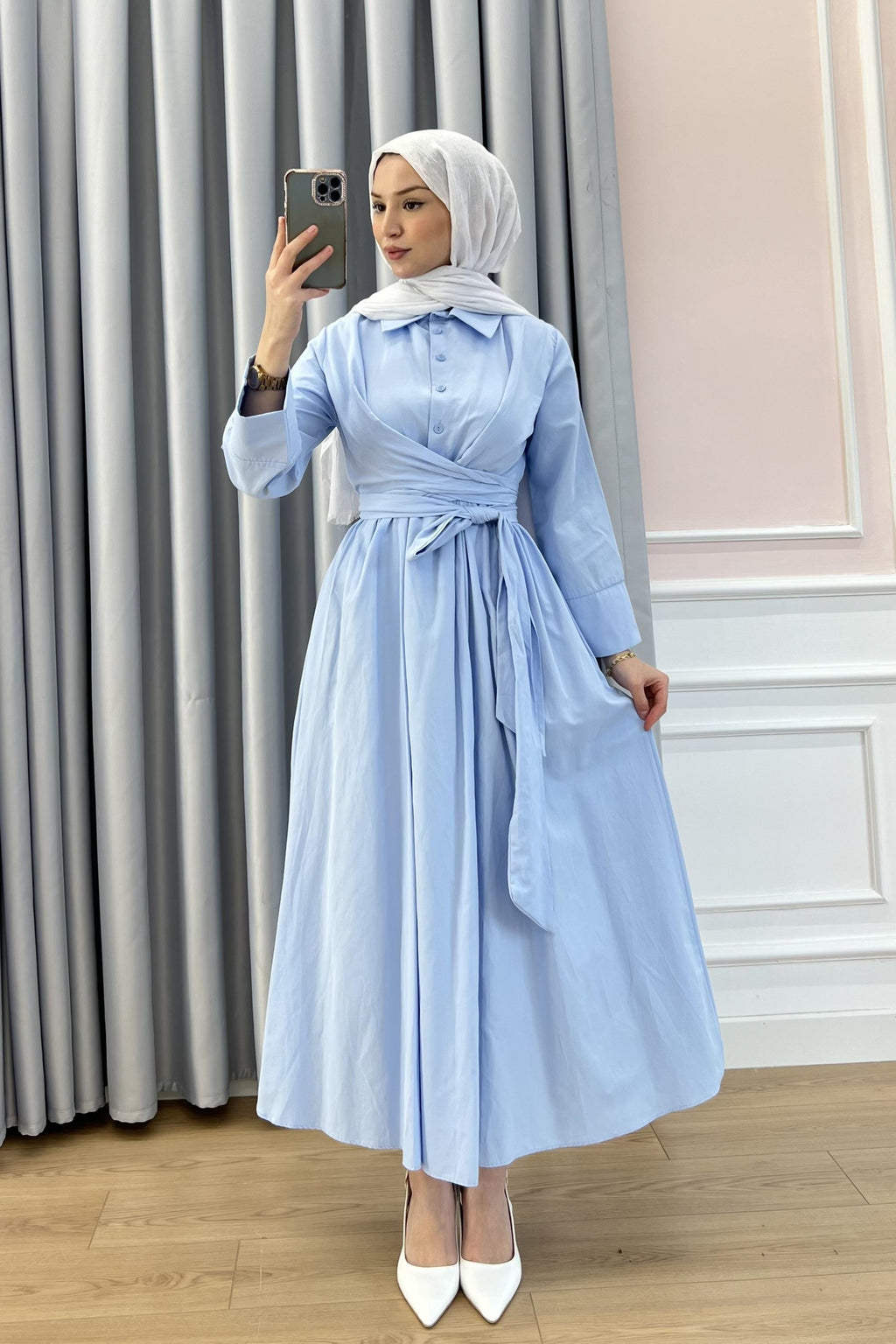 Wrap-Waist Shirt Maxi Dress-DarkBlue
