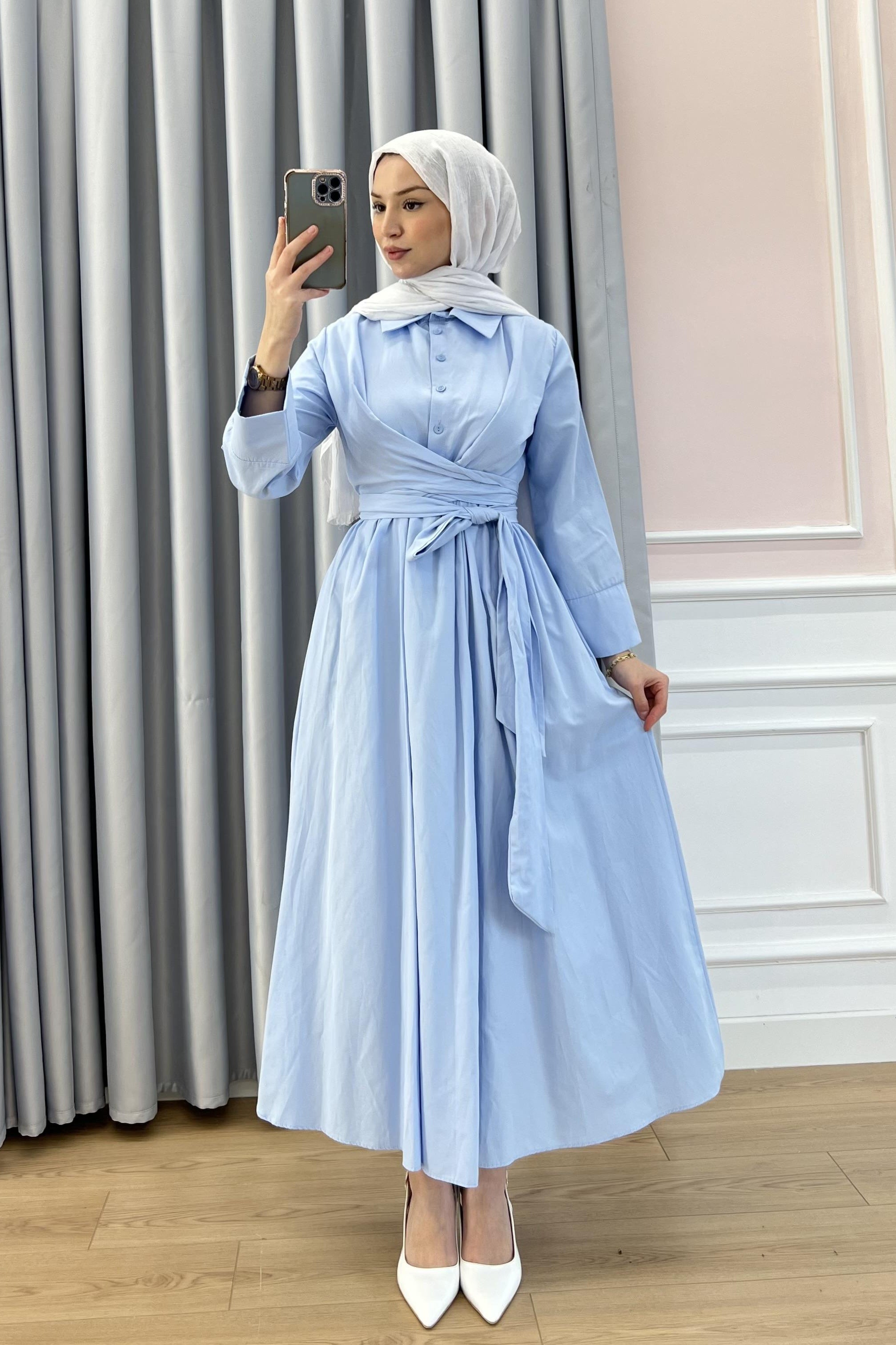 Wrap-Waist Shirt Maxi Dress-DarkBlue