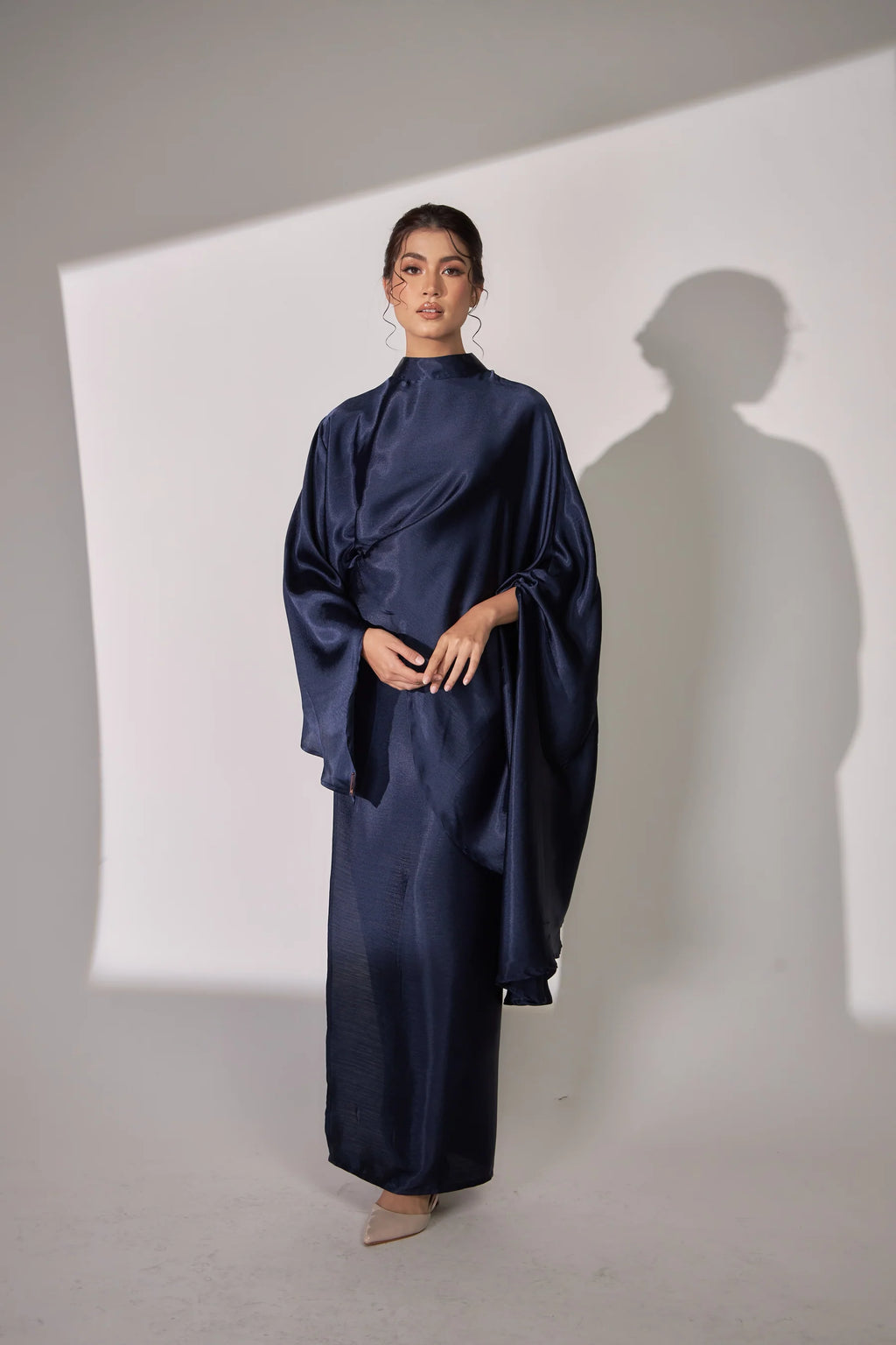Nurul High Neck Twist Wrap Satin Abaya-Blue