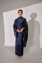 Nurul High Neck Twist Wrap Satin Abaya-Blue