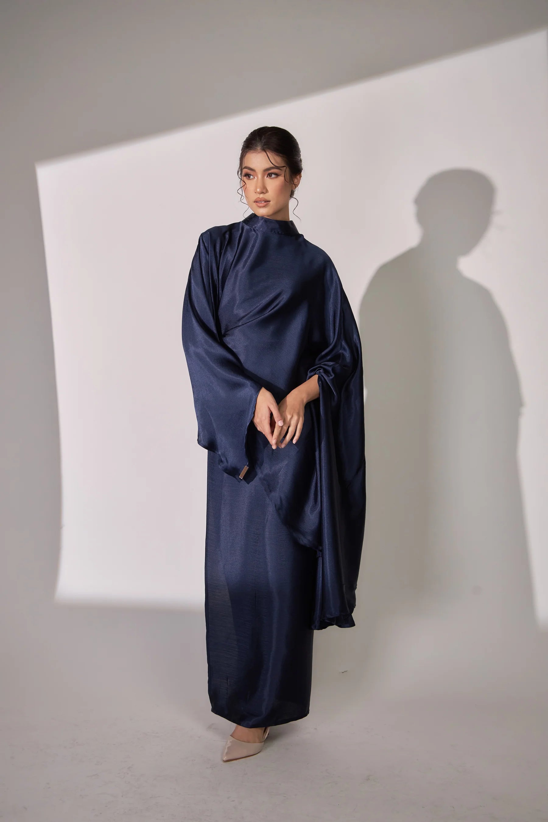 Nurul High Neck Twist Wrap Satin Abaya-Blue