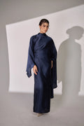 Nurul High Neck Twist Wrap Satin Abaya-Blue