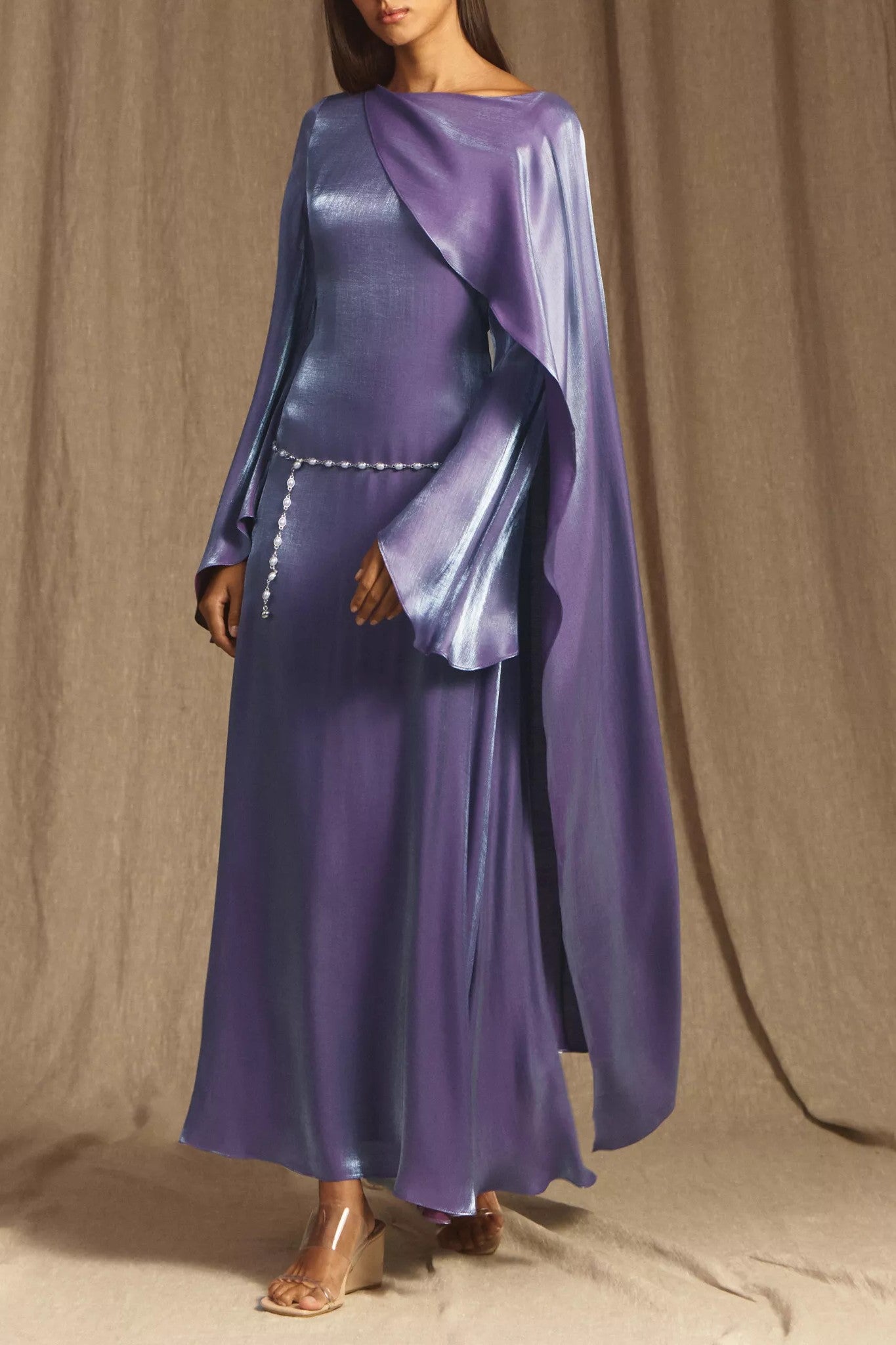 Elegant Cape-Sleeve Modest Maxi Dress-Purple