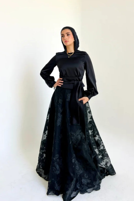 High-Neck Silhouette Maxi Gown-Black