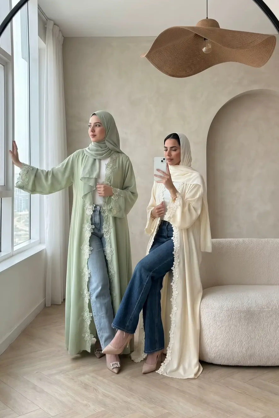 Embroidered Lace Texture Open-Front Duster Abaya
