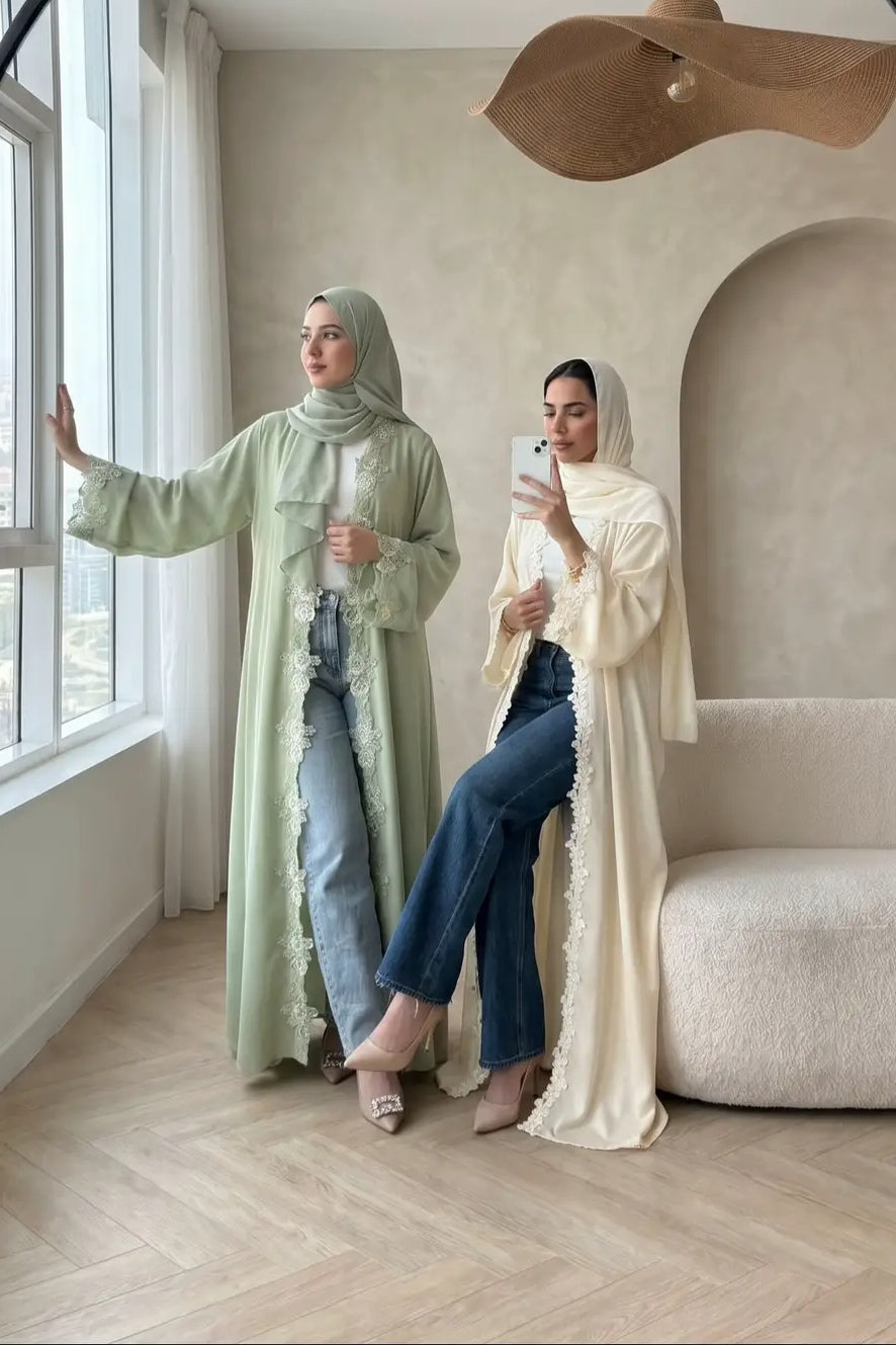 Embroidered Lace Texture Open-Front Duster Abaya