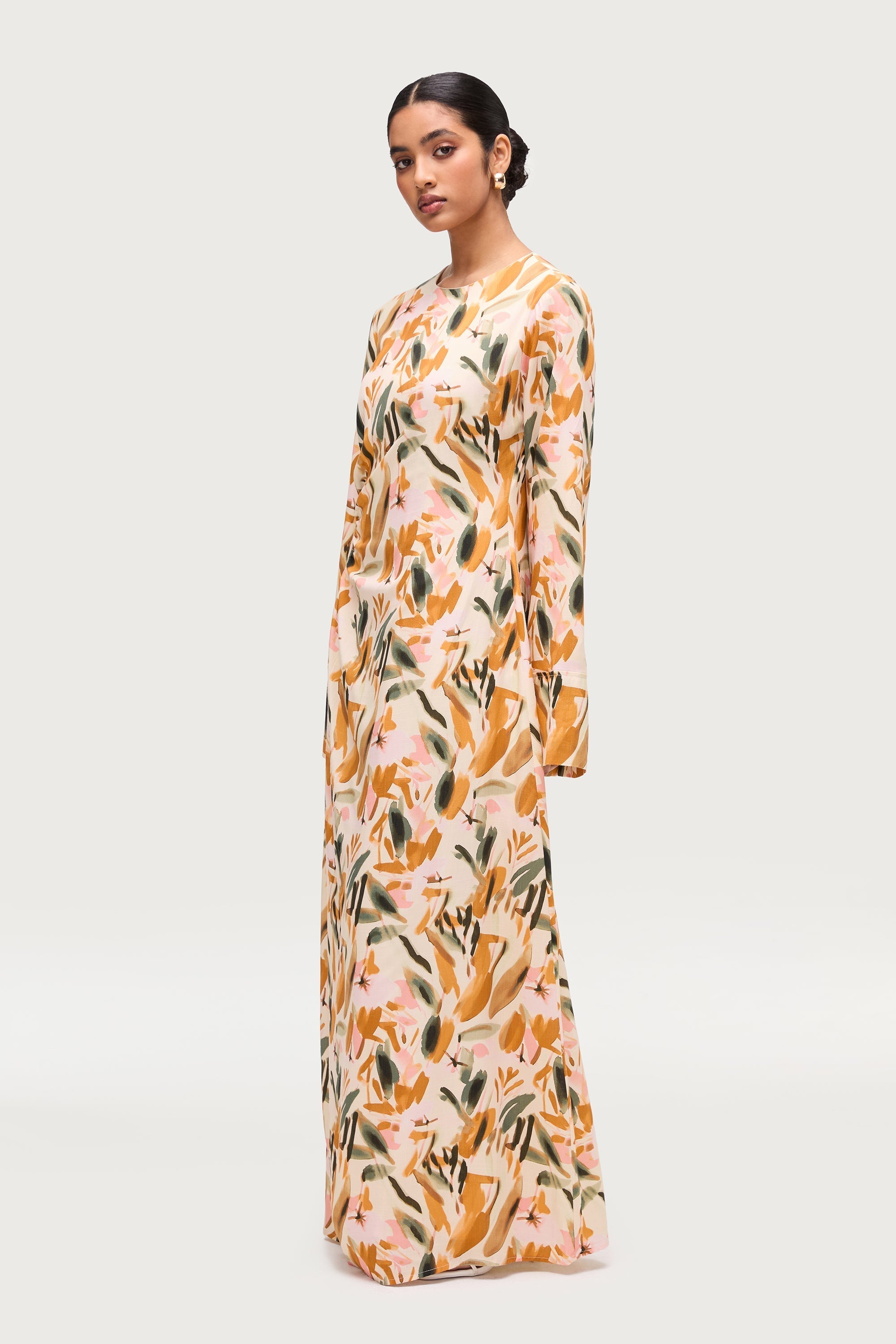 Cotton Linen Asymmetric Maxi Dress - Sunset Watercolor