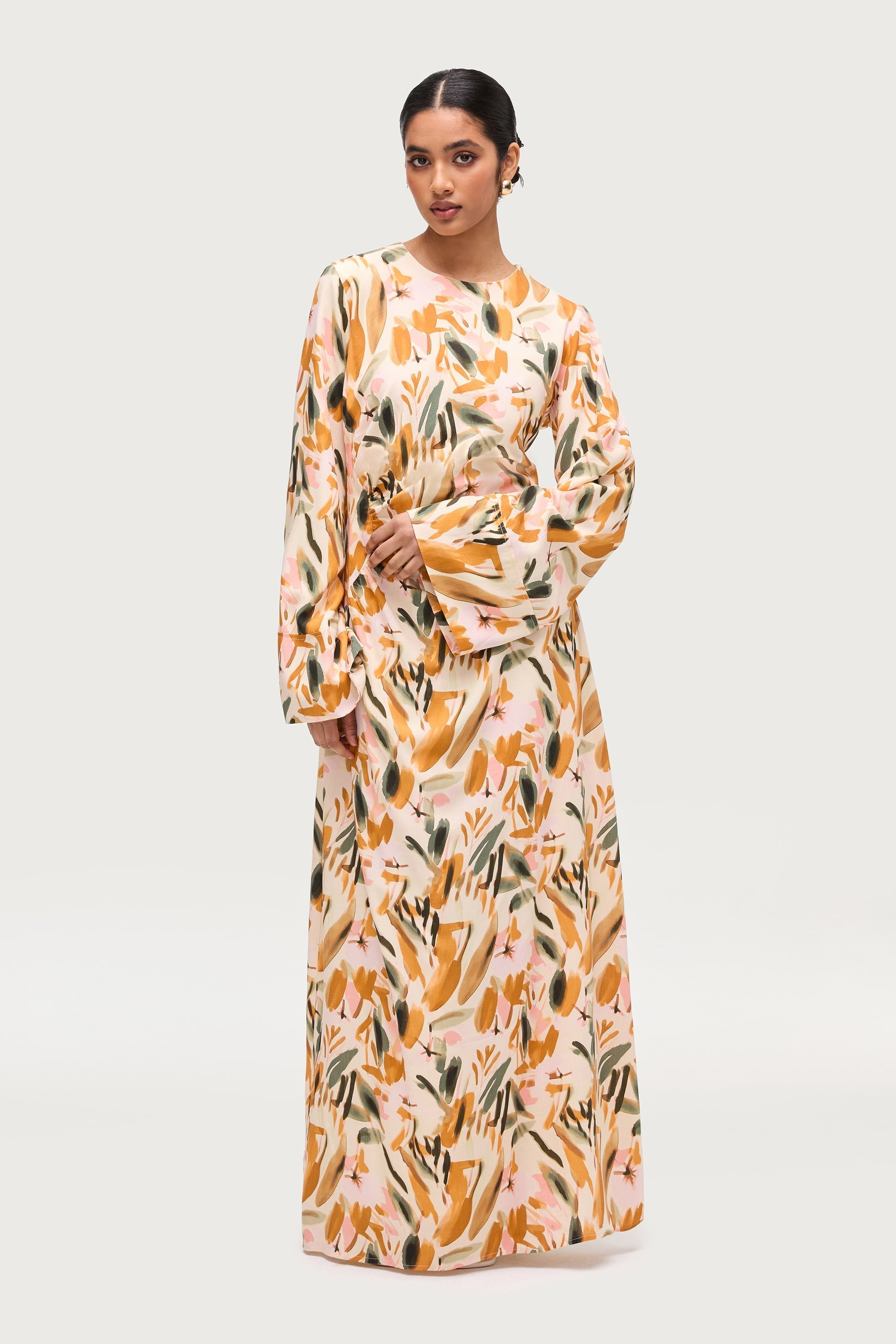 Cotton Linen Asymmetric Maxi Dress - Sunset Watercolor